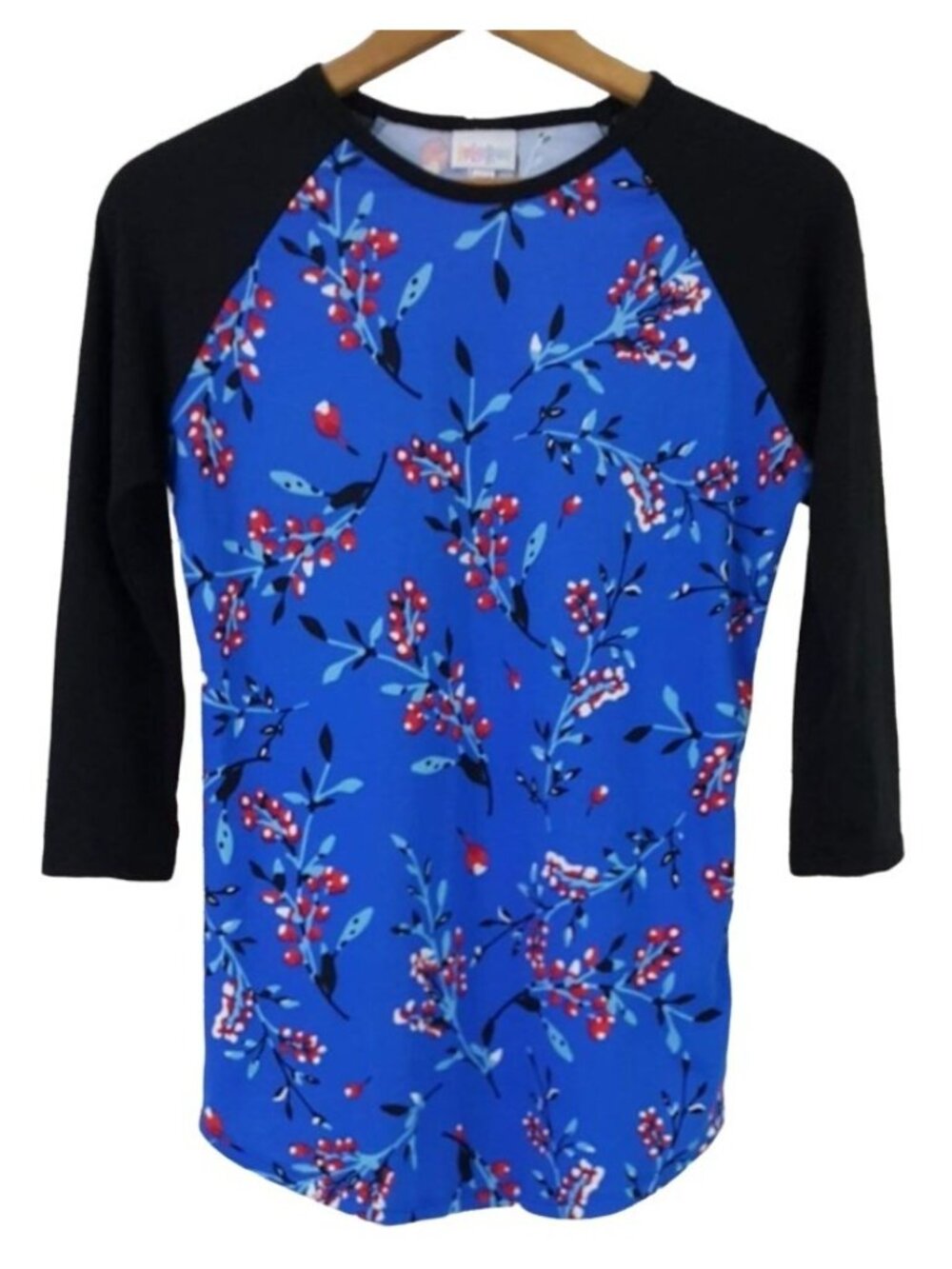 LuLaRoe Randy Top Blue Black Size XXS Floral Red Raglan Jersey Cherry Blossom